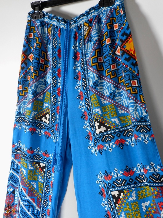 Flying Tomato Pants - Flying Tomato Sz M Blue Boho Paisley Wide Leg Palazzo Pants Medium Tassel Front